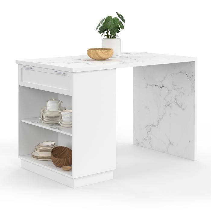 IDMARKET Ilot central mange-debout 4 personnes VITO 130 cm blanc et plateau marbre ALASKA