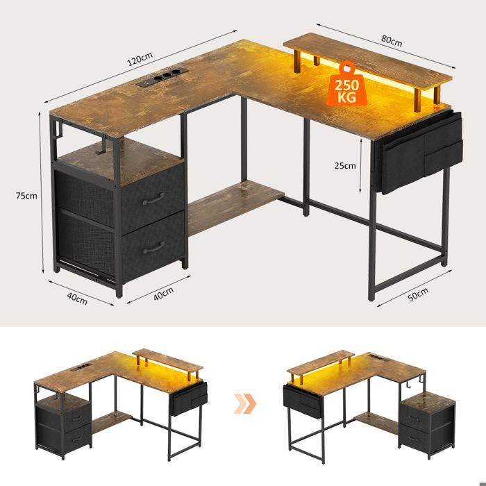 Bureau Gaming en Forme L-120x120x75 CM-Bureau d'Angle avec Étagère Rangement-Avec Support de Moniteur-2 USB-3 Prises-Marron