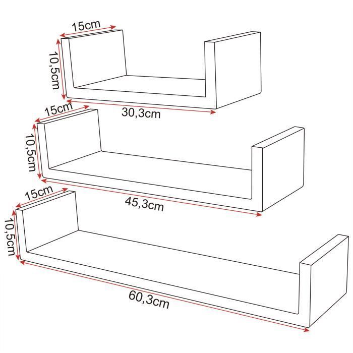 WOLTU Lot de 3 Etagères murale - Bois MDF - Noir - Epaisseur de 2 cm