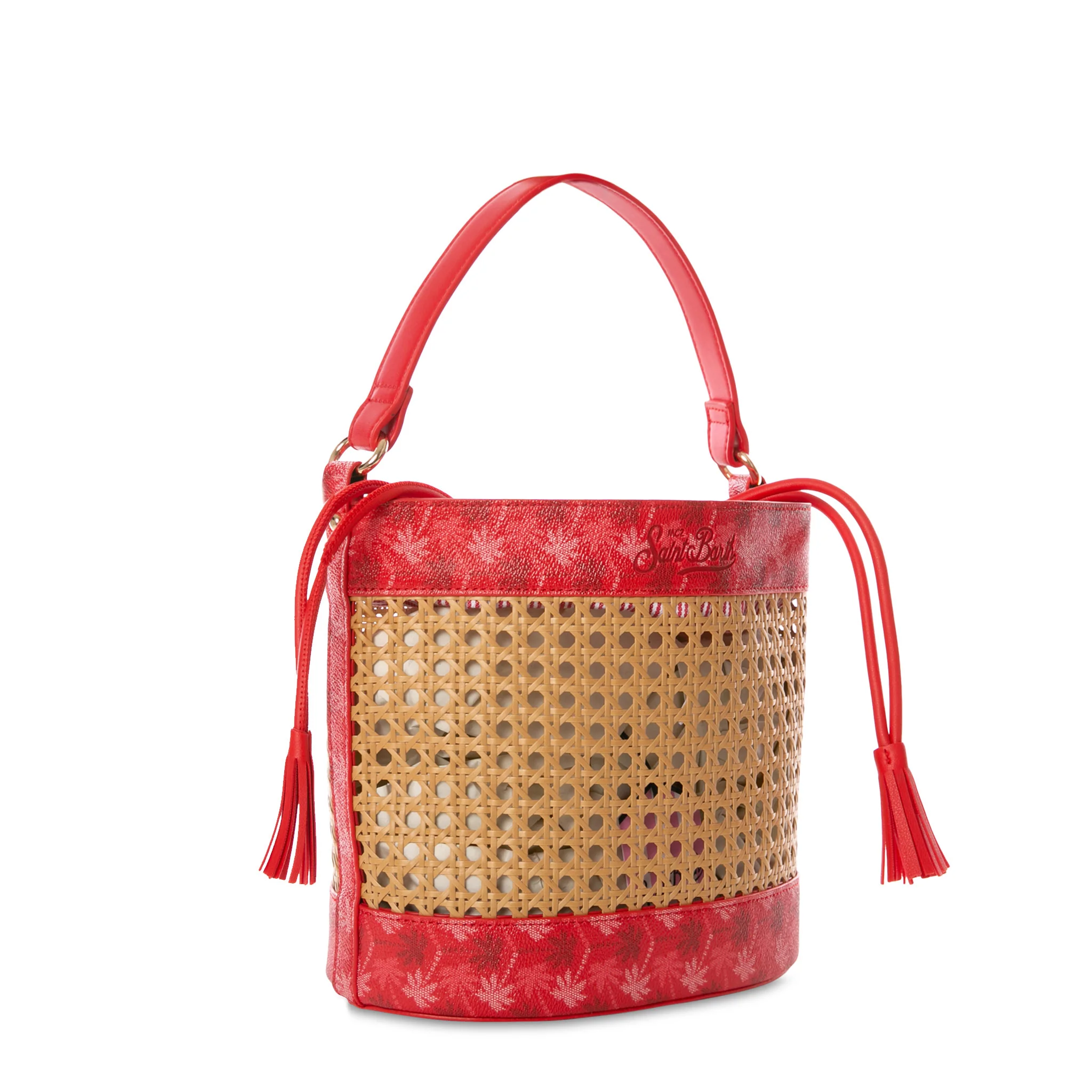 Rieten bucket bag met rode monogramdetails