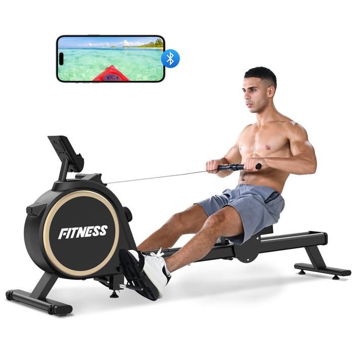 Máquina de remo magnética para interiores BIGZZIA, doble carril, compatible con aplicación Bluetooth, 16 niveles de resistencia, pantalla LCD.