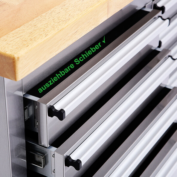 Stainless steel workshop trolley, 10 drawers, 148 cm