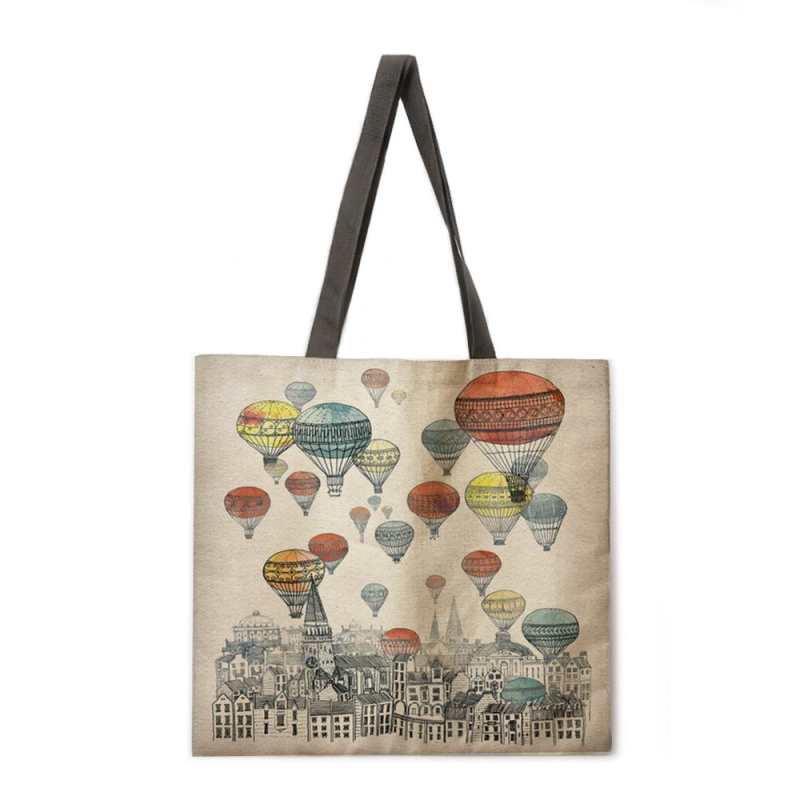 Borsa tote pesante con stampa di città e mongolfiere, borsa a tracolla casual da donna, borsa per la spesa pieghevole, borsa da esterno, borsa da spiaggia
