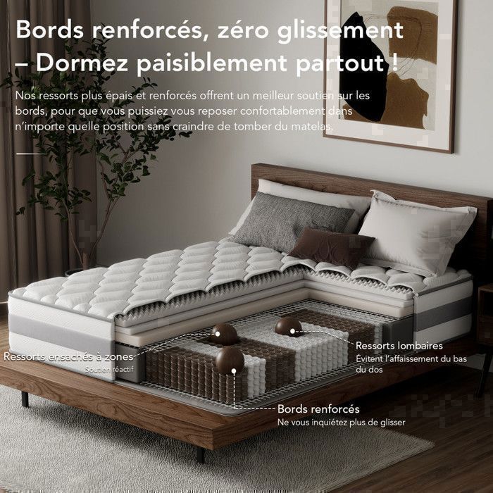 Matelas 140×200 cm HOMAVO, 25 cm, Ressorts Ensachés, 10 Couches, 7 Zones, Réversible, Silencieux, OEKO-Tex,  Nuit Réparatrice