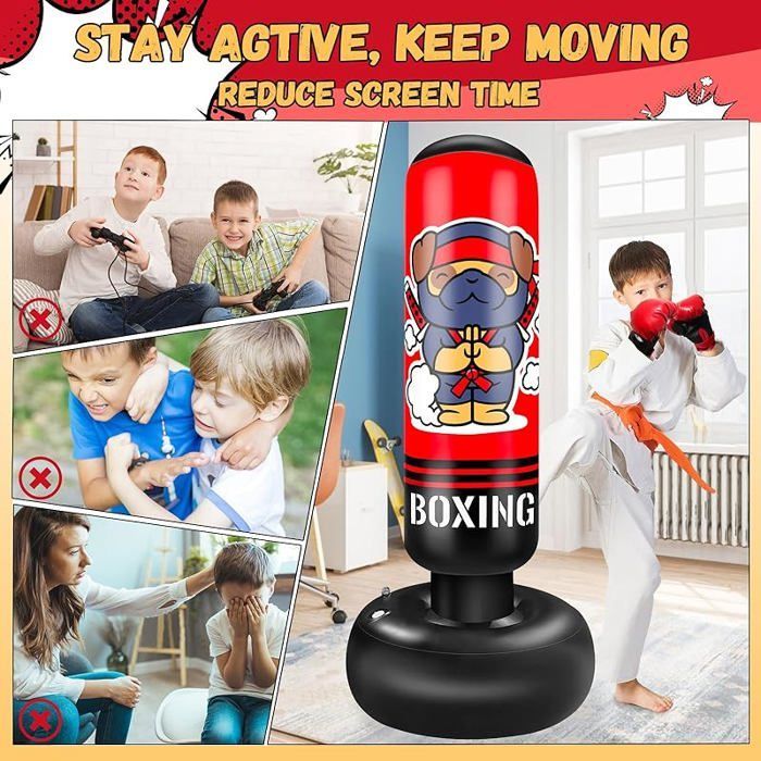 Saco de boxeo infantil de 165 cm, inflable, con guantes de boxeo. Regalo para niños y niñas. NINJA DOG.