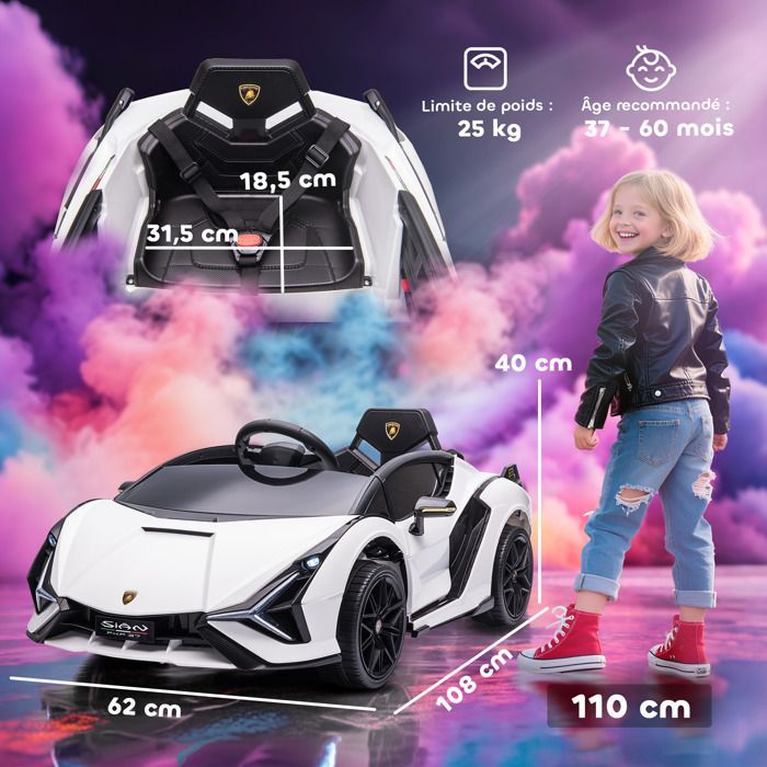 Auto elettrica per bambini - HOMCOM - Lamborghini Sian 12V con telecomando 2.4G, effetti sonori e LED - ABS - Bianca