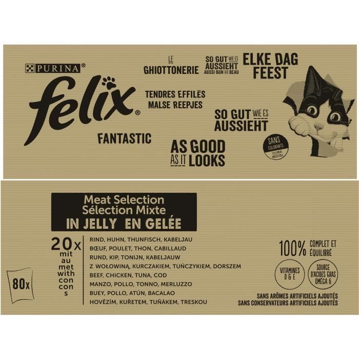 FELIX Malse reepjes in gelei, gemengde selectie - 80 x 85 g - Vershoudzakjes voor katten