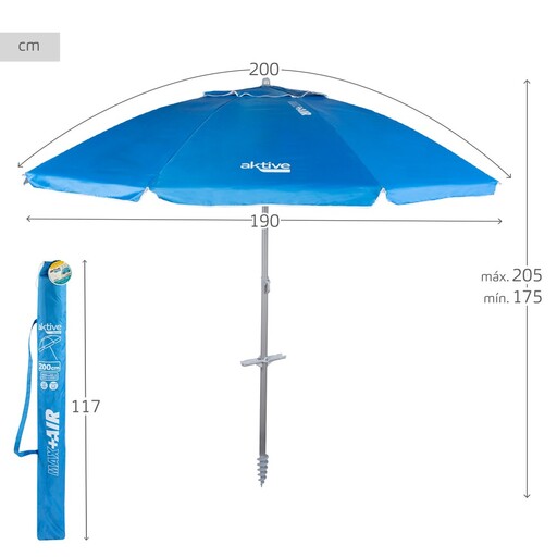 Větruodolný plážový slunečník Aktive Ø190 cm s naklápěcím stožárem