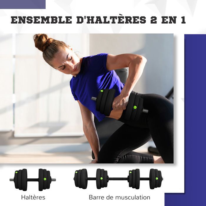 Manubri regolabili 2 in 1 - SPORTNOW - con impugnature antiscivolo - 25 kg - bilancieri inclusi - allenamento muscolare