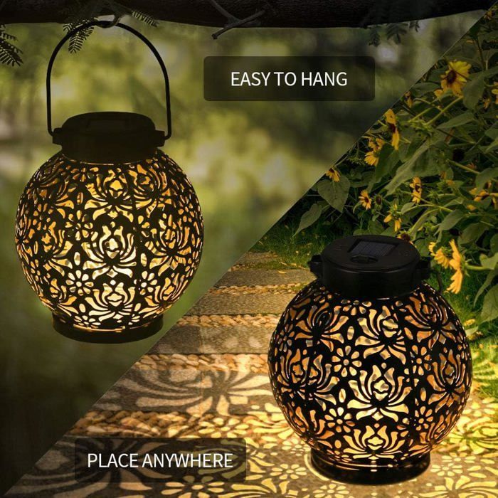 Solar lantern, waterproof outdoor LED solar garden light, decorative hanging metal solar-powered lantern, black