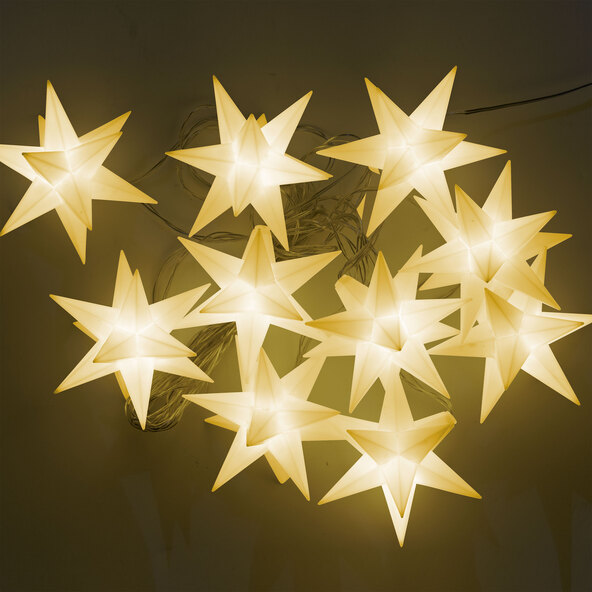 Cordão de luzes LED em formato de estrela, com 10 unidades, na cor branca.