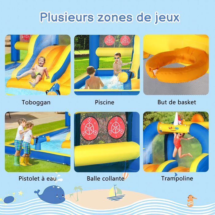 LALAHO Château Gonflable avec Souffleur, Aire de Jeux Gonflable avec Zone de Saut et 2 Toboggan,470 x 472 x 225 cm
