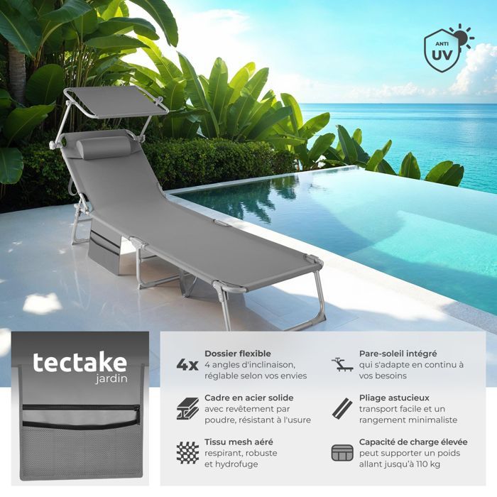Sonnenliege – TECTAKE – 2er-Set CHLOE Sonnenliegen, 4-fach verstellbar, mit Kopfstütze und Sonnenschutz aus Stahl, 68 x 161 x 111 cm – Grau