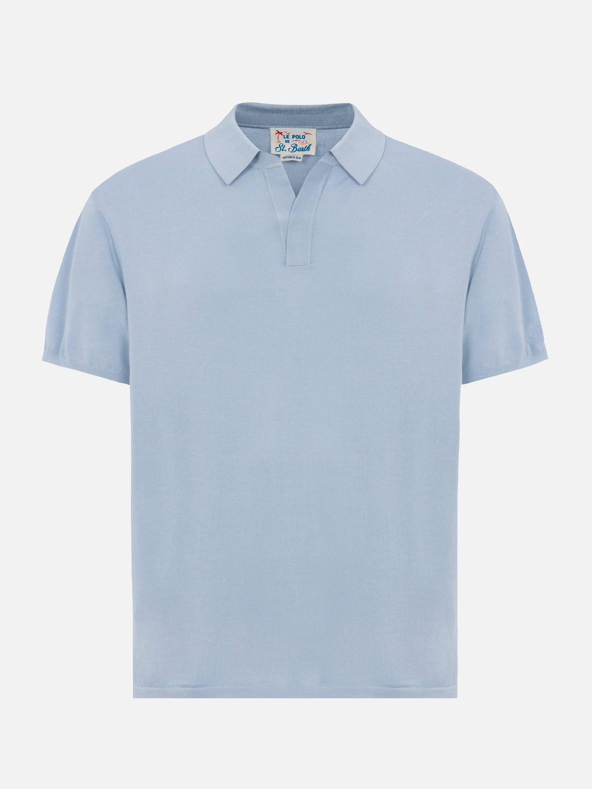 Sloan poloshirt in lichtblauwe gebreide zijde en katoen