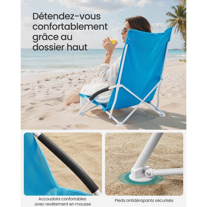 Silla de playa plegable SONGMICS - Respaldo alto - Ligera - Capacidad de carga de 150 kg - Azul