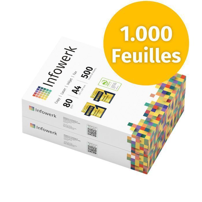 Infowerk Papier pour imprimante et photocopieur 1000 feuilles 2 x 500 A4 80 g blanc premium, certifié PEFC