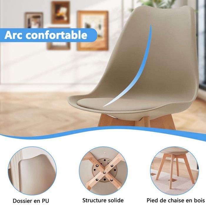 Set of 6 Scandinavian Beige Dining Chairs, Designer Dining Chairs in Faux Leather and Solid Wood