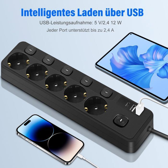 Regleta de enchufes de 2 m con interruptor, 5 tomas de corriente, 2 puertos USB-A y 1 puerto USB-C, protector contra sobretensiones.