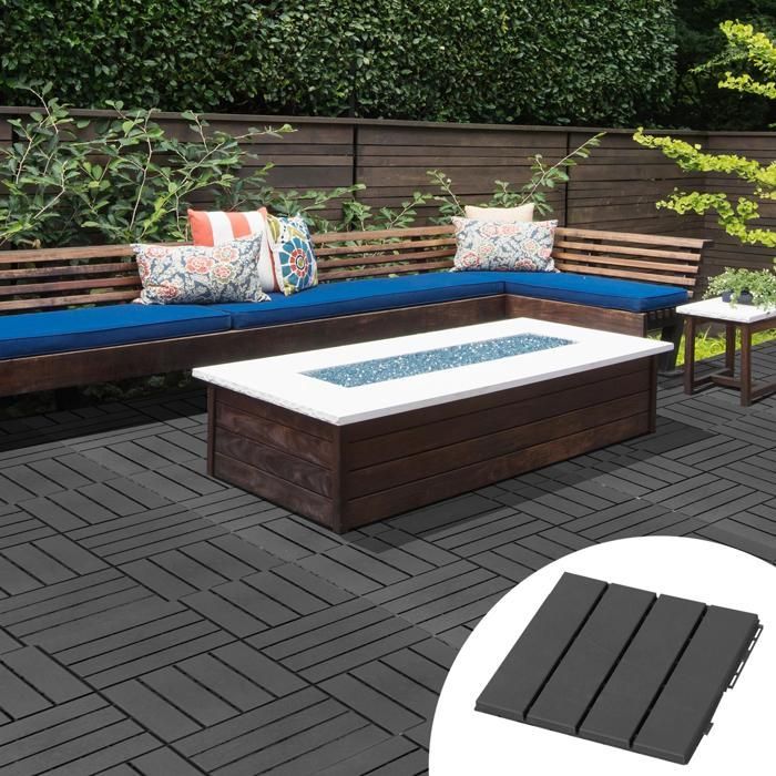 Baldosas para terraza Outsunny - juego de 9 baldosas de plástico negro con efecto madera, encajables - 30x30cm - negro