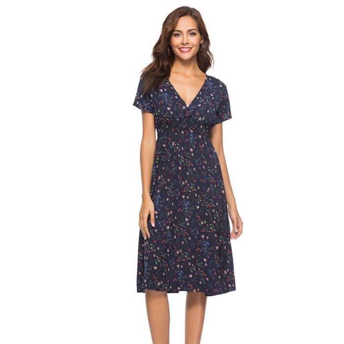 Robe à imprimé fleuri - MOBIGARLAN - pour Femme - Fermeture éclair - Jupe plissée - Bleu marine et Rose