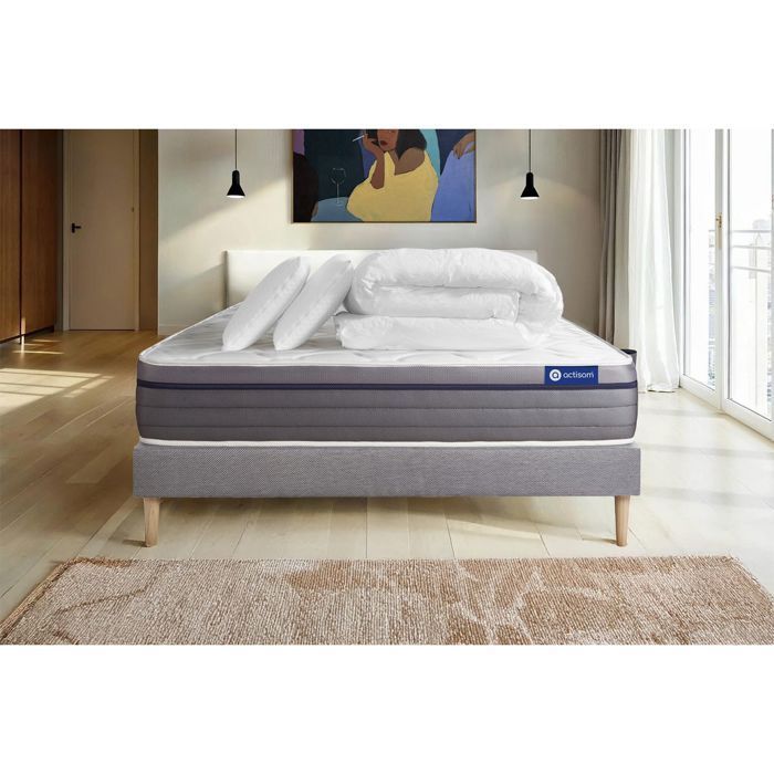 Complete 200x200 cm bed set - Mattress + Grey bed base (assembly required) + 2 pillows + Duvet - ActiMemo Zen