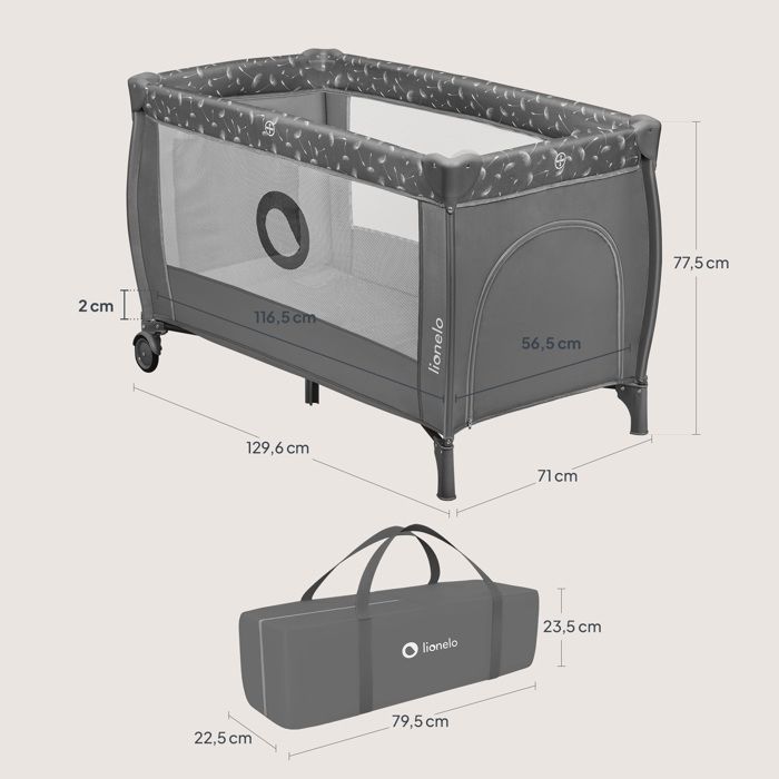 Cuna de viaje compacta 2 en 1 LIONELO Stefi Plus - Parque infantil - Colchón de alta densidad - 0-36 meses - 2 ruedas - Gris