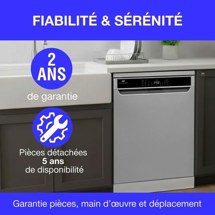 Lavastoviglie a libera installazione Continental Edison - 15 coperti - Larghezza 59,8 cm - Classe energetica D - Motore a induzione - 39 dB - Argento
