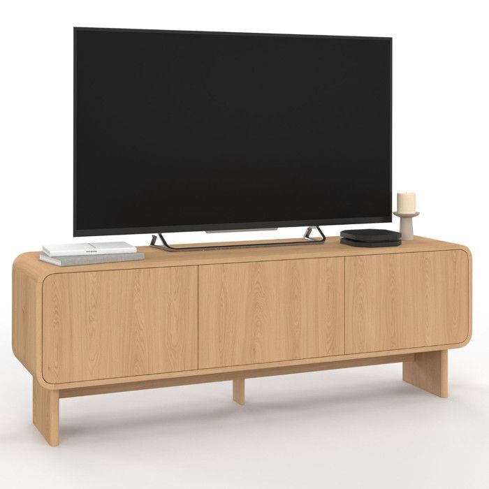 IDMARKET Meuble TV 140 cm CAPUCINE 3 portes façon hêtre design arrondi