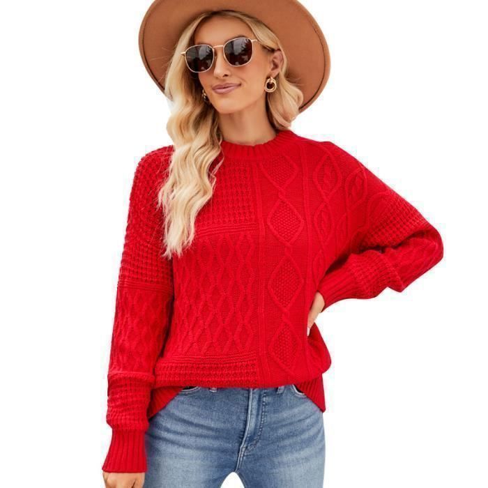 Pull Femme En Tricot INSFITY - Rouge - Col Arrondi - Manches Longues - Chaud et Doux pour l'Hiver