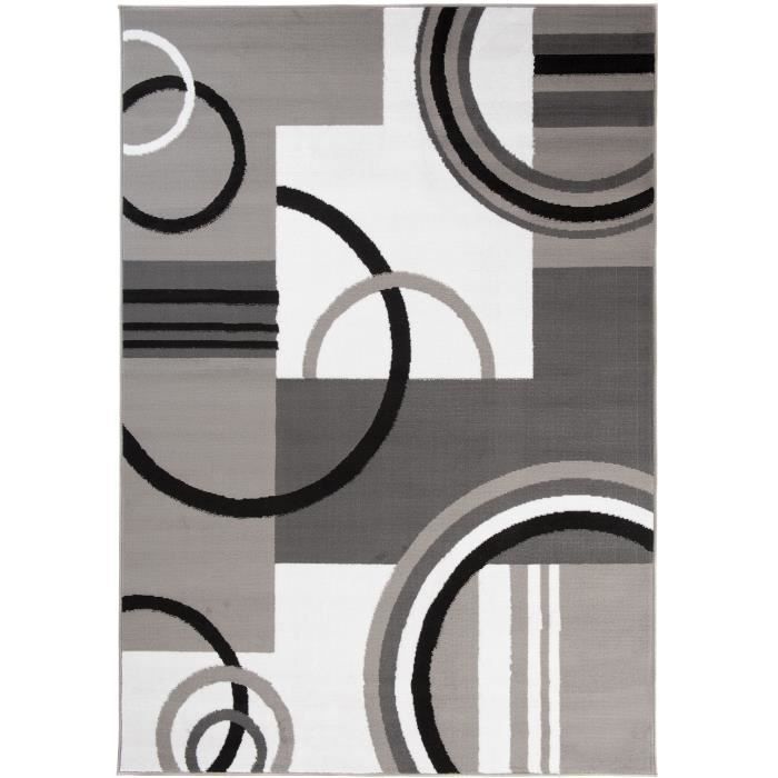 TAPISO Tapis Salon Poil Court Maya Blanc Jaune Gris Noir Cercles Polypropylène Intérieur 120x170 cm