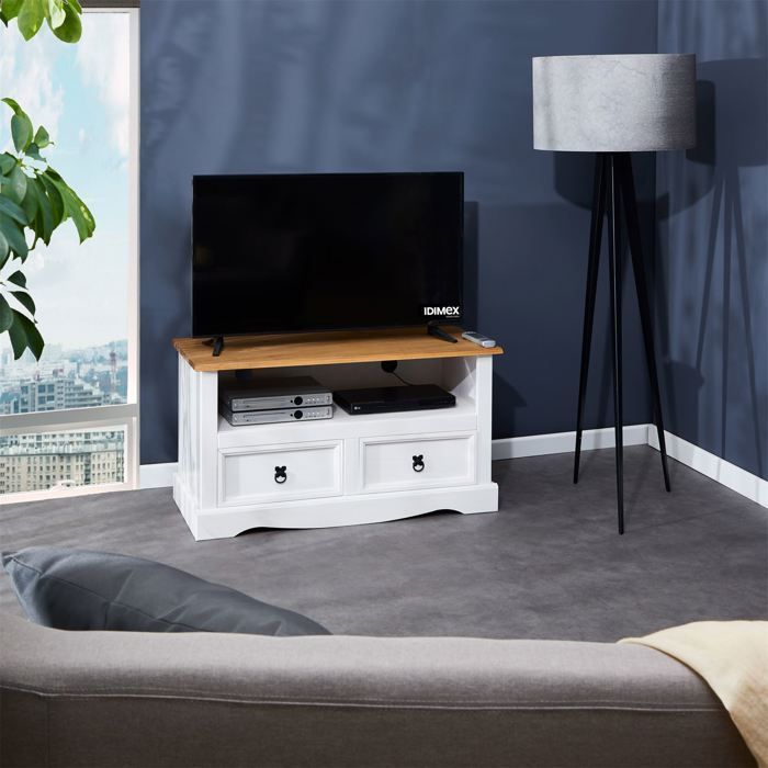 Mueble para TV CAMPO, banco para TV de pino macizo blanco y marrón con 2 cajones y 1 estante, mueble de almacenamiento de madera estilo mexicano.
