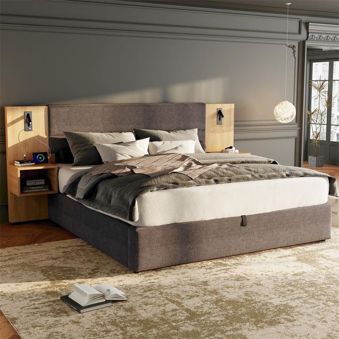 Cama de 180x200 con somier de láminas y mesita de noche, cama doble con espacio de almacenamiento, cabecero ancho y puerto USB, lámpara de lectura, terciopelo gris y madera.