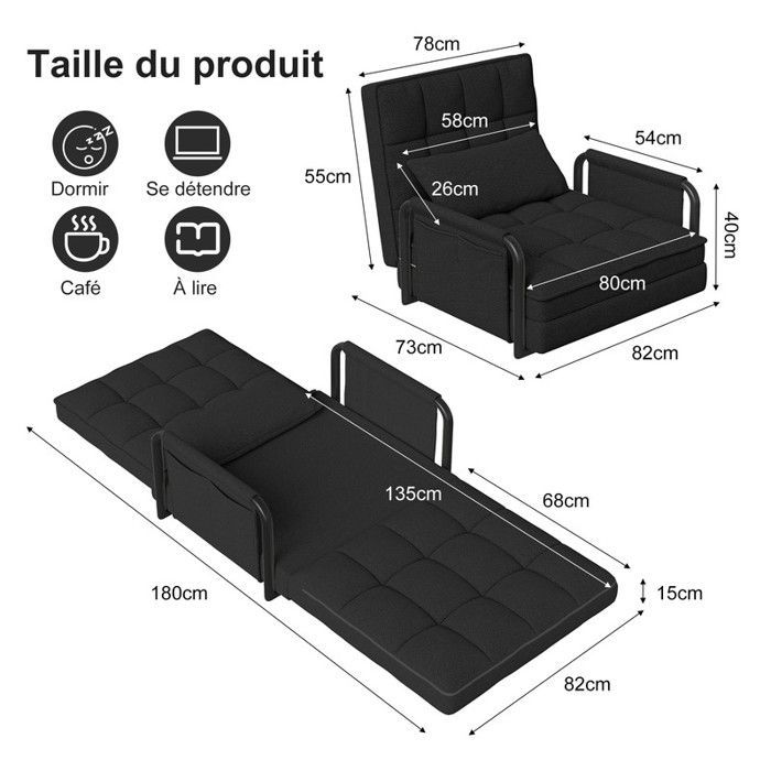 Poltrona relaxante - Sofá-cama conversível - 1 lugar - Preta - Encosto ajustável
