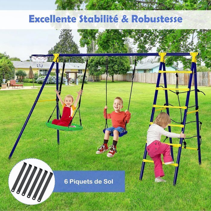 Columpio infantil COSTWAY con 2 columpios (5 en 1), aro de baloncesto, red para trepar y 1 escalera de escalada (en forma de A) - Capacidad de carga de 75 kg