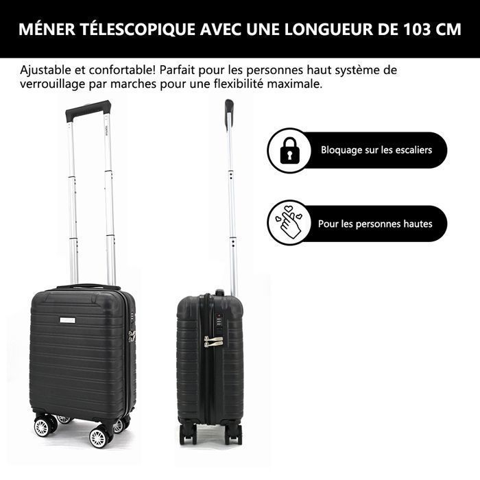 Valise Cabine 40×30×20 cm ABS Rigide Anti-Choc, 4 Roulettes, Serrure à Code – Compatible EasyJet – noir