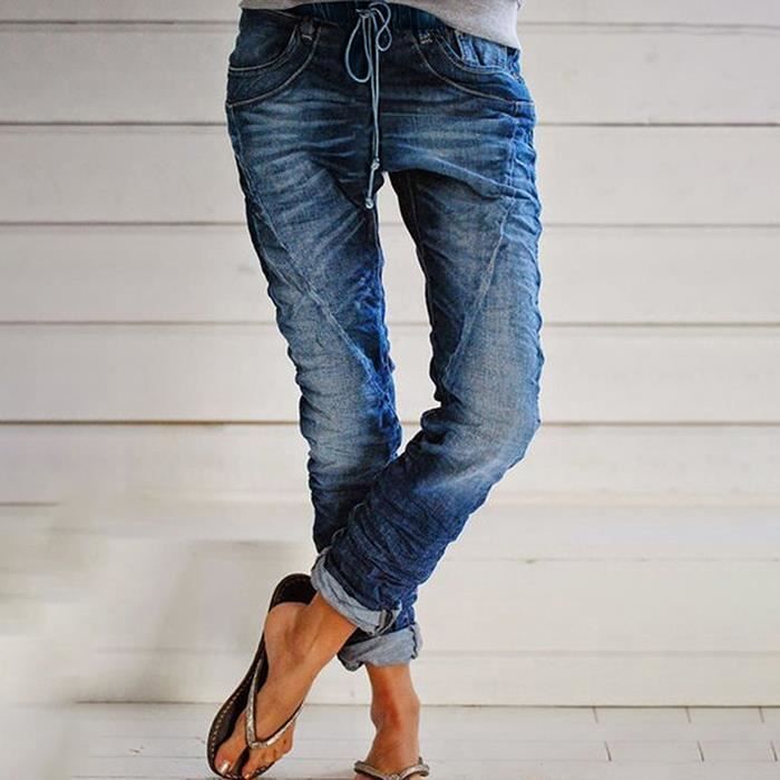 Pantalones vaqueros para mujer - FUNMOON - Pierna recta - Cintura elástica - Tallas grandes - Azul oscuro