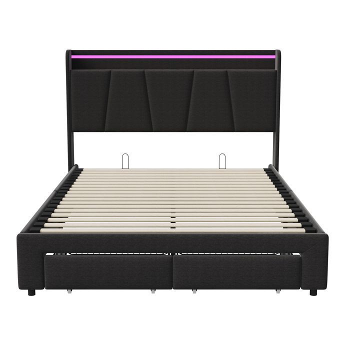 Cama de 140x190 cm - COZY - LED - USB - tela de lino - estructura de cama doble de 140x190 cm - gris antracita