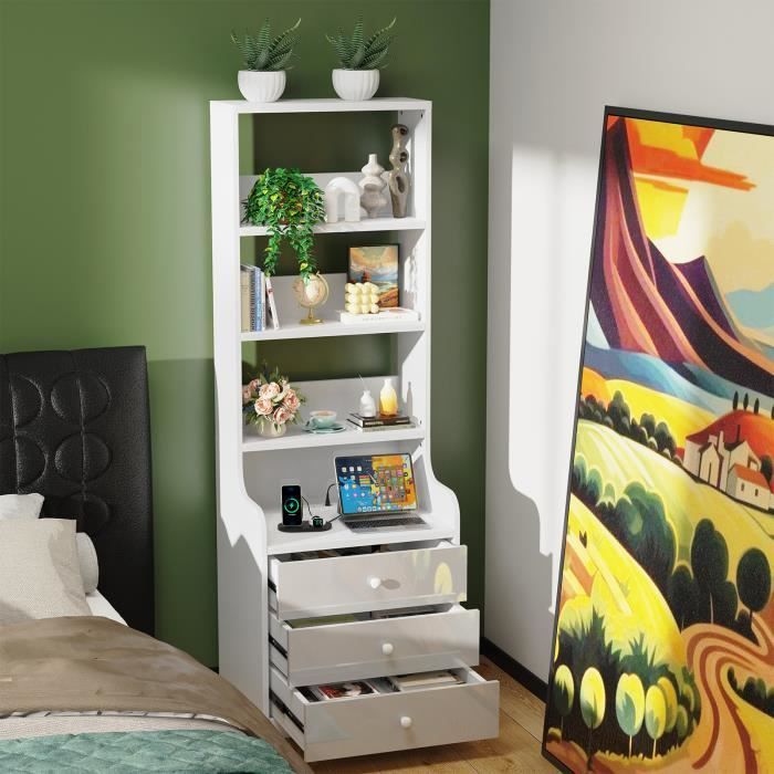 Mesa de cabeceira com 3 gavetas e 5 prateleiras - VIVOLILV - Branca - 50x40x176 cm