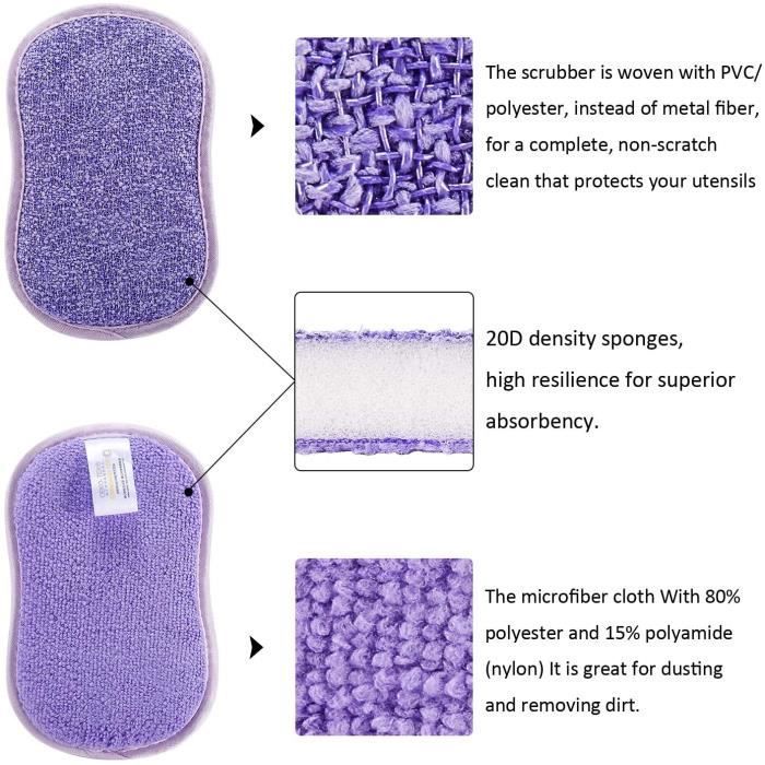 Lot de 5 éponges vaisselle reutilisable eponges, Double Action en Microfibre antibactériennes et résistantes pour Nettoyer