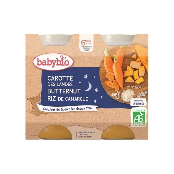 Babybio Landes zanahoria, calabaza, arroz de Camarga, a partir de 6 meses, 2 x 200 g