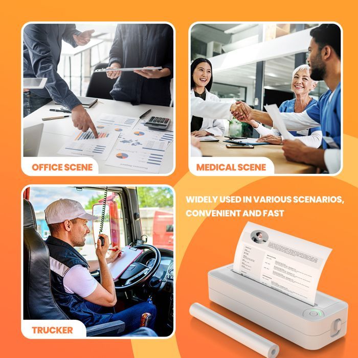 Portable thermal printer, A4 format, Bluetooth connectivity, suitable for home and office use