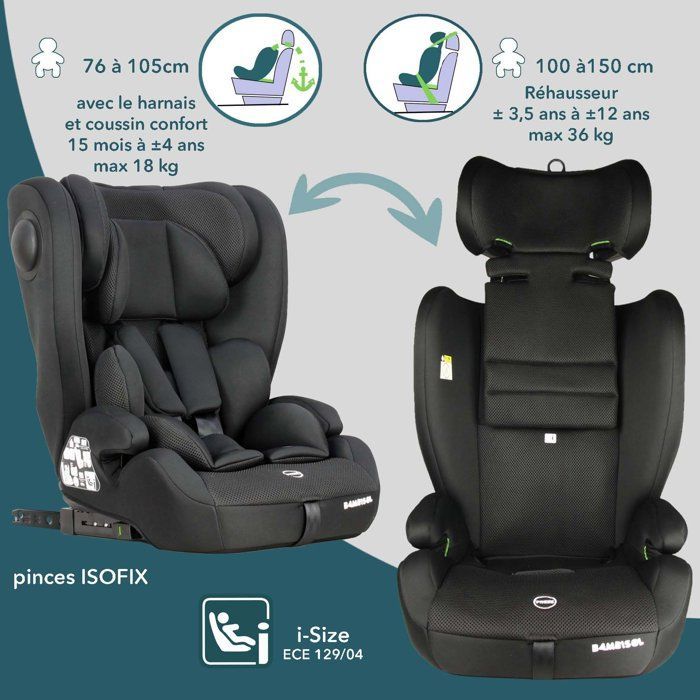 Seggiolino auto convertibile - BAMBISOL - AY575N - Gruppo 1/2/3 - I-Size - Isofix - Riduttore - Nero
