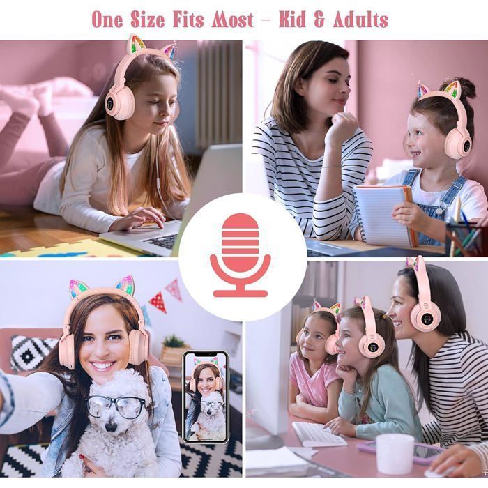 Draadloze Bluetooth-koptelefoon voor kinderen: opvouwbare kattenoortjes + LED + microfoon + kaartsleuf