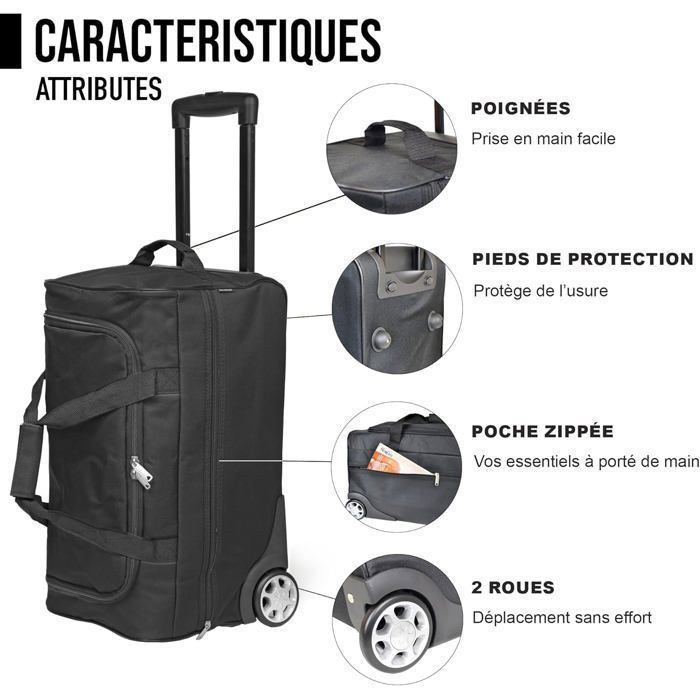Sac de Voyage Trolley Noir - Sac à roulettes, canne télescopique, compartiment spacieux, poche zippée, idéal week-end
