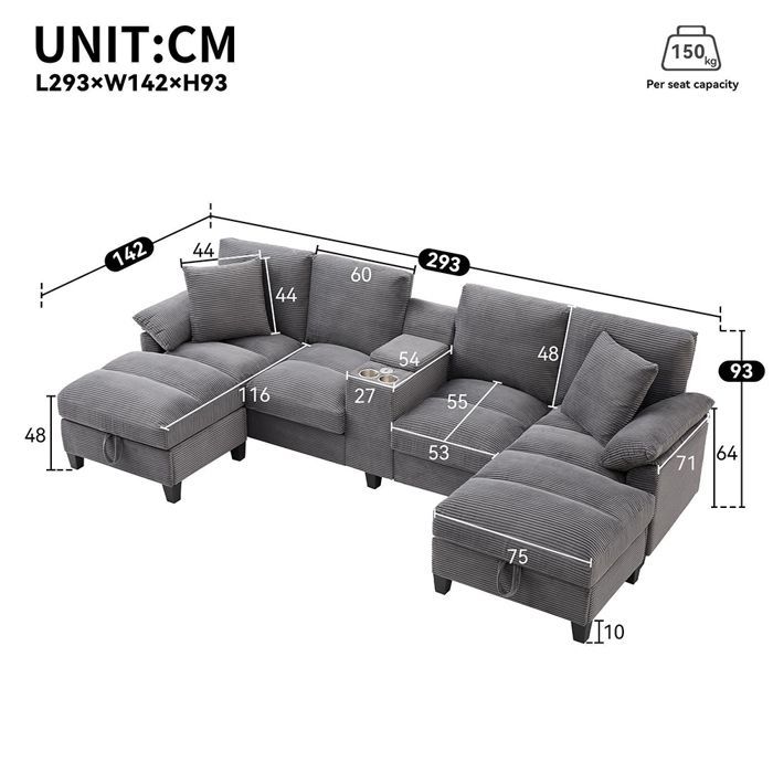 Sofá de canto em formato de U - Sofá de 4 lugares - Porta USB - Espaço de armazenamento - Porta-copos em aço inoxidável - Veludo cotelê cinza