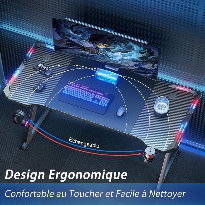 HLONONE LED Mesa Gaming 120 × 60 cm, Bureau Gamer Ergonomique en Fibre de Carbone, Noir