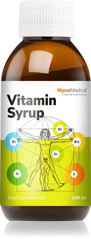 MycoMedica vitamīnu sīrups uztura bagātinātāja sīrups ar ārstniecisko sēņu ekstraktiem