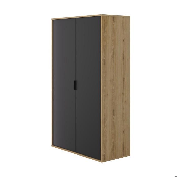 Armario de dos puertas con acabado en madera negra mate, barra para colgar ropa y estantes.