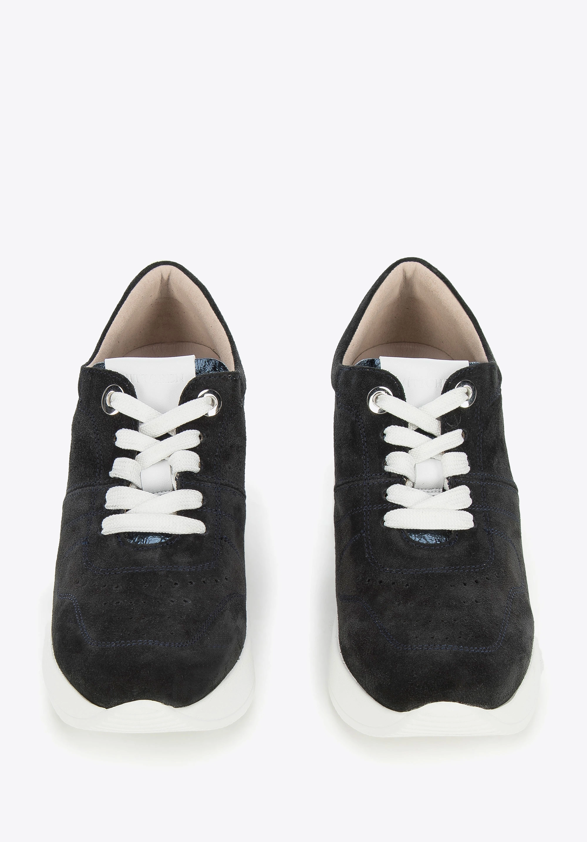 Damskie sneakersy zamszowe na koturnie w pasy ciemny granat