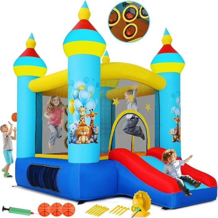 Opblaasbaar kasteel voor kinderen met blower, glijbaan/werpspel/springzone, 270x180x210 cm, binnen/buiten, leeftijd 3 tot 8 jaar